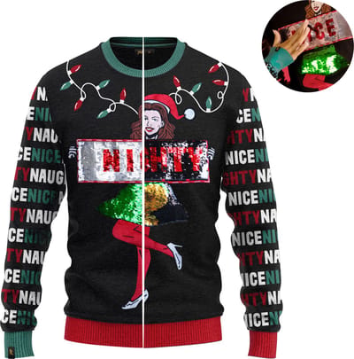 JAP Christmas Interactieve Kersttrui (maat S) - 100% Gerecycled - Kriebelt niet - Kerstcadeau volwassenen - Foute Kersttrui dames en heren - Naughty/Nice - Zwart