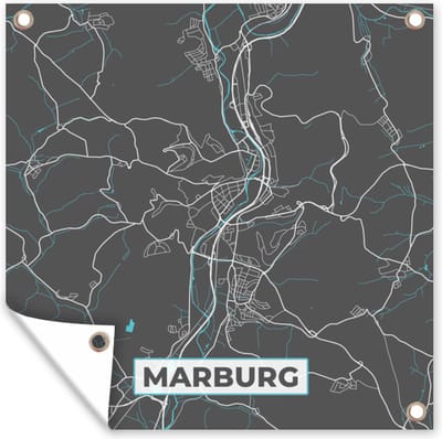 Tuin poster Stadskaart – Kaart – Marburg – Blauw – Duitsland – Plattegrond - 200x200 cm - Tuindoek