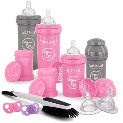 Twistshake Complete Starterset Baby flessenset met Flessenborstel en 2 spenen Newborn Startfles Set 9 stuks - Girl