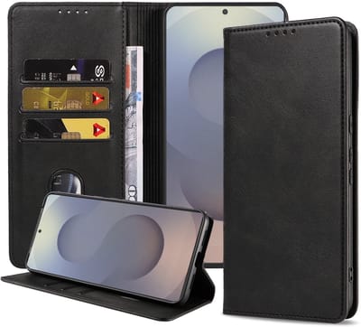 Smartphonica Telefoonhoesje Geschikt voor Samsung Galaxy S25 Ultra Kunstleer met Magnetische sluiting en Pasjeshouders Bookcase met Klepje - Zwart geschikt voor Samsung Galaxy S25 Ultra
