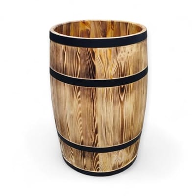 Houten vat antieke look zonder deksel - Gebrand hout met metalen banden - Rustieke regenvat, plantenbak of tuindecoratie, 135 liter
