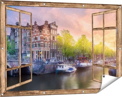 Gards Tuinposter Doorkijk Amsterdamse Grachten - 120x80 cm - Tuindoek - Tuindecoratie - Wanddecoratie buiten - Tuinschilderij