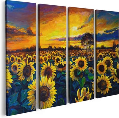 Artaza Canvas Schilderij Vierluik Getekende Zonnebloemen Veld Met Olieverf - 80x60 - Foto Op Canvas - Canvas Print