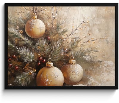 Poster in lijst - Fotolijst 70x50 cm - Posters - Kerst - Kerstballen - Beige - Goud - Posterlijst zwart - Decoratie - Wanddecoratie woonkamer - Kerstdecoratie voor binnen - Kerstversiering - Kerstmis versiering in huis - Kerstaccessoires