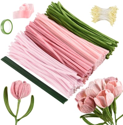 longziming -Pipe Cleaner Bloemen - Bastelset - Elastisch Metaaldraad + Zachte Vezelsnoer - 400 Stuk - Rosa