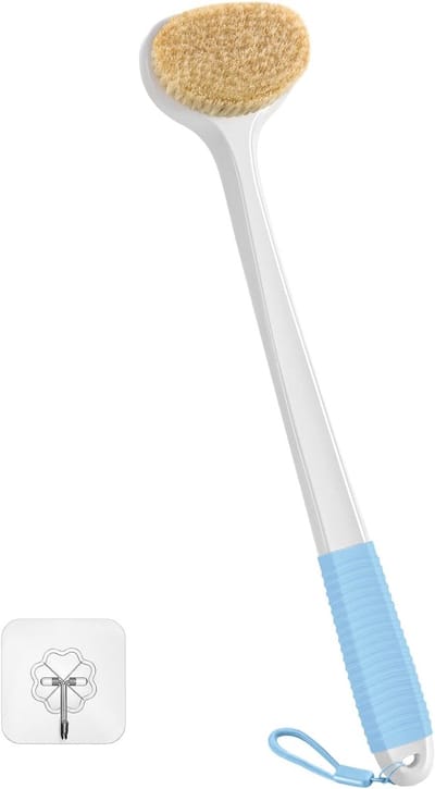 Famanu – Rugborstel voor douche met extra lange antislip handgreep en natuurlijke borstelharen wit met blauw accent