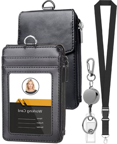 Kaartenhouder met Afneembaar Lanyard en Uittrekbare Sleutelhanger - Keycord Badgehouder - Kaarthouder voor Pasjes met Ritsvak - Portemonnee Kaart Houder - Nekkoord Keykoord - Universeel ID Pashouder - Badge Sleutels Koord - Nek Sleutelkoord - Zwart