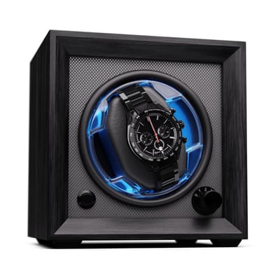 Klarstein watchwinder voor automatische horloges, automatische watchwinder voor 1 horloge, automatische watchwinder met acryl kijkvenster, automatische watchwinder, blauwe leds, watchwinder met 4 TPD instellingen
