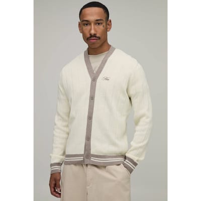 Regular Fit Ribbed Knitted Cardigan | Ecru | Size Large