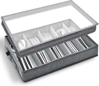 Praktische Bestek Organizer met Deksel, Draagbare Bestekopslag met 5 Verstelbare Compartimenten voor Messen, Vorken en Lepels (42,5 x 29,5 x 8 cm)