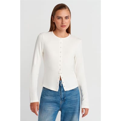 Geribbelde Crew Neck Knopen Cardigan