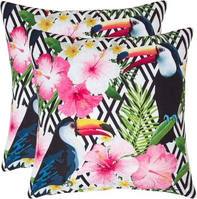 Homescapes buitenkussens – set van 2 tuinkussens & sierkussens voor tuin – waterafstotend & weerbestendig – 45x45 cm – veelkleurig/zwart, “Toucan” – voor tuin & terras