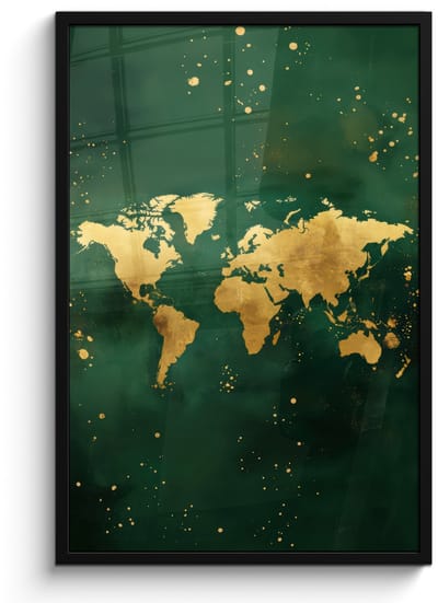 Poster in lijst - Fotolijst 60x90 cm - Posters - Wereldkaart - Groen - Goud - Posterlijst zwart - Decoratie - Wanddecoratie woonkamer - Muurdecoratie slaapkamer