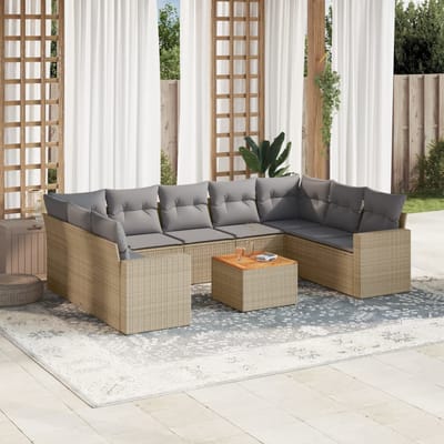 vidaXL - 10-delige - Loungeset - met - kussens - poly - rattan - gemengd - beige