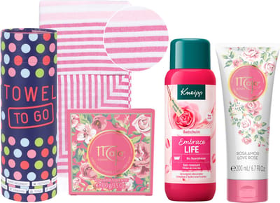 Kneipp Cadeauset Embrace Life, Maja Rose Love & Hammam - Maja Love Rose Soap 100g - Maja Love Rose Body Lotion 200ml - Kneipp Badschuim Embrace Life 400 ml - Towel To Go Hamamdoek Licht Roze