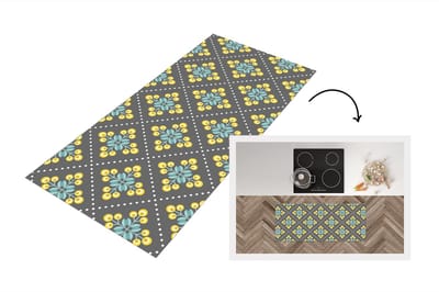 Keukenloper 120x50 cm - Keukenmat vinyl Design - Ruit - Bloemen - Grijs - Keukenmatten loper - Keuken vloerkleed tapijt