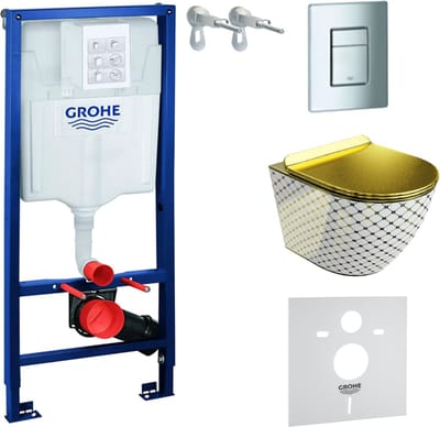 Inbouwreservoir Complete Toiletset Grohe Solido 39069000 - Inbouw WC Hangtoilet Wandcloset Sofi Slim Checked Gold - Bedieningsplaat EVEN 4in1 Chroom - Voorwandelement - Installatiesysteem