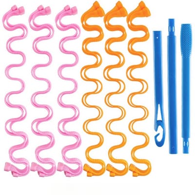 Krultangenset, 12-delige doe-het-zelf magische krultang, creëert golvende en spiraalvormige krullen zonder hitte, geschikt voor vrouwen, kort en middellang haar, roze-oranje kleur, 50 cm.