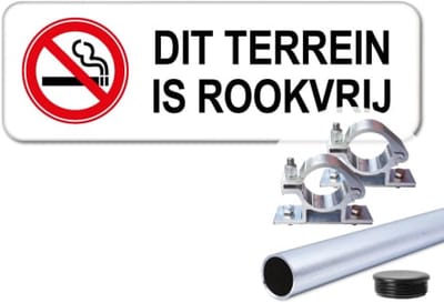 Bord Rookvrij terrein - Weerbestendig Aluminium - 40x15 cm - Bevestiging: Met paal 120 cm + paalbeugels + paaldop