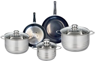 Set van 2 Koekenpannen 20 en 24 cm en 3 Kookpotten 16, 20 en 24 cm Elo Prima Brillant