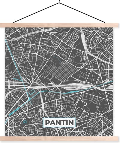 Posterhanger incl. Poster 40x40 cm - Schoolplaat - Pantin - Frankrijk - Plattegrond - Stadskaart - Kaart - Textielposter - Blanke latten - Stadskaart