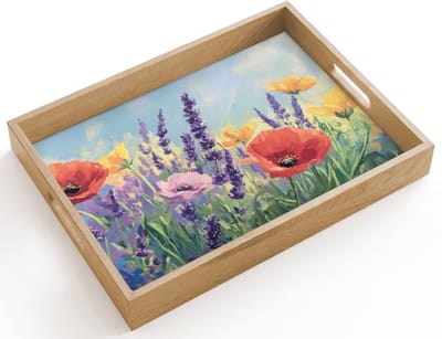 Dienblad hout 40x30 cm - Schootdienblad - Weide - Bloemen - Kleurrijk - Borrelplank rechthoek - Plateau dienbladen