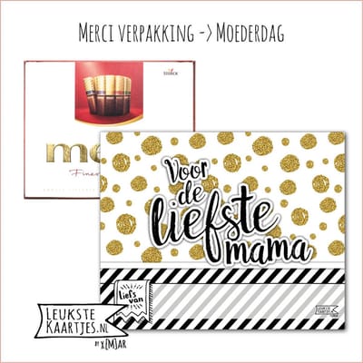 Kaartkadootje Merci -> Moederdag - No:03 (Merci Chocola - Voor de liefste mama - goud-glitter-kleurige dots-Zwart/Wit streep) - LeuksteKaartjes.nl by xMar
