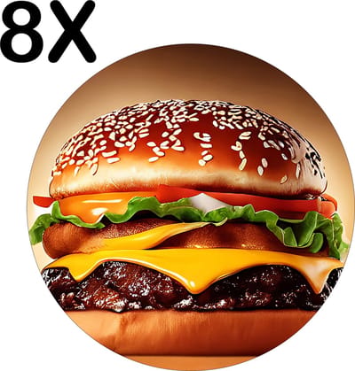 Luxe Ronde Placemat - Hamburger met Vuur op de Achtergrond - Set van 8 Placemats - 50x50 cm - 2 mm dik Vinyl - Anti Slip - Afneembaar