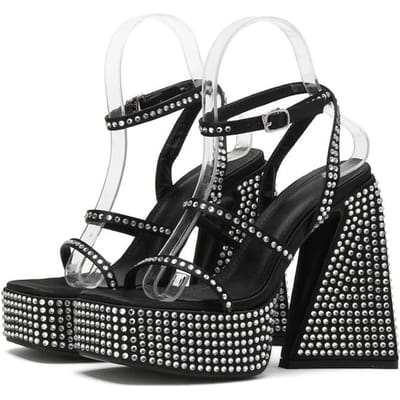 Eilyken Sexy Kristal Wedges Platform Dames Sandalen Nieuwe Zomer Enkelgesp Riem Chunky Hoge Hakken Gladiator Schoenen 42 zwart