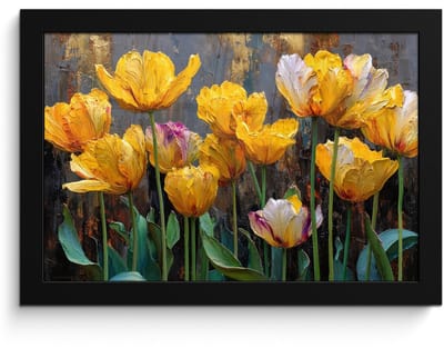 Poster in lijst - Fotolijst 30x20 cm - Posters - Tulpen - Geel - Penseelstreken - Abstract - Posterlijst zwart - Decoratie - Wanddecoratie woonkamer - Muurdecoratie slaapkamer