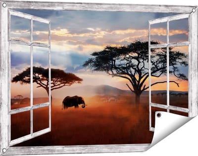 Gards Tuinposter Doorkijk Olifant in het Wild - Savanne - 90x60 cm - Tuindoek - Tuindecoratie - Wanddecoratie buiten - Tuinschilderij