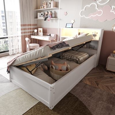 Slaapbank 90*200, met meerdere stopcontacten en opbergvakken, ledstrip, hydraulisch bed, massief houten bed, eenpersoonsbed, multifunctioneel houten bed, wit.
