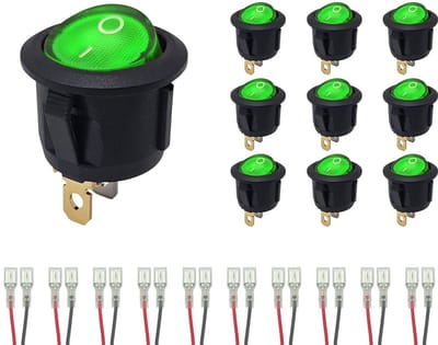 ProRide Wipschakelaar ON-OFF KCD2-220 - met Aansluitkabels - Rond - 3 pins - 250V/6A - Groen - 10 stuks