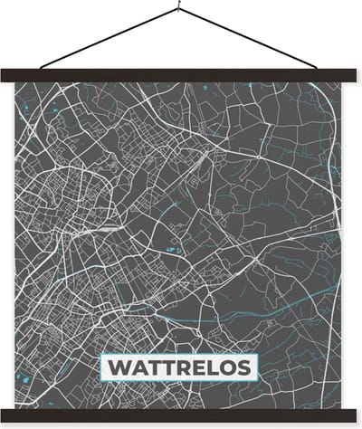 Posterhanger incl. Poster 60x60 cm - Schoolplaat - Wattrelos - Plattegrond - Kaart - Stadskaart - Frankrijk - Textielposter - Zwarte latten - Stadskaart