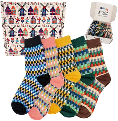 Tutti Footi - Vintage Winter Sokken Set 'Skadi' - 5 paar dames sokken Maat 35-39 - Blokjes Design, Diverse kleuren, Wol