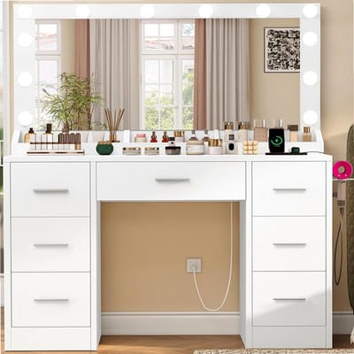 Sierra, Make-uptafel met verlichting, instelbare helderheid, tafel met spiegel en stekker, kaptafel met 7 laden, 3 planken, moderne commode, slaapkamer, wit