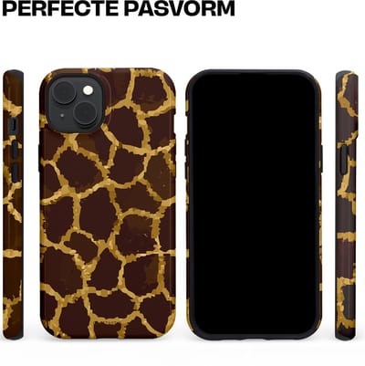 Casetastic hoesje geschikt voor Apple iPhone 15 Plus - MagSafe - Dubbellaagse bescherming - Afrikaanse Giraffenprint - Fashion Case - Zwart Bruin Goud Olijfgroen