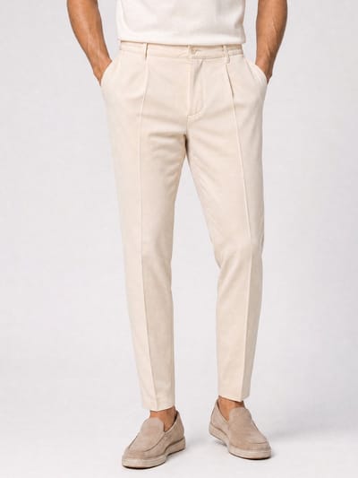 WOTEGA Heren Chinobroek Studio Pant – Relaxed Fit – Stretch – Beige – Bundplooi & Trekkoord