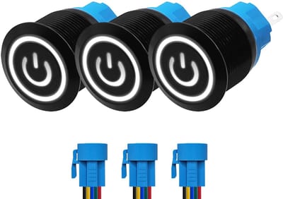 ProRide Drukschakelaar ON-OFF 220V - 22mm Metaal - Waterdicht - LED Wit - Met Kabels - 3 stuks