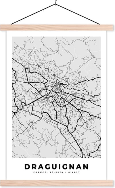 Posterhanger incl. Poster 40x60 cm - Schoolplaat - Plattegrond – Draguignan – Stadskaart – Kaart – Frankrijk - Textielposter - Blanke latten - Stadskaart