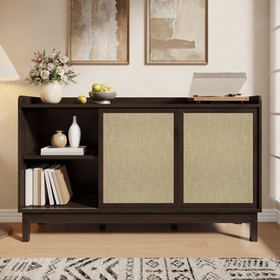 MODFU Opbergkast met schuifdeuren en lades – 150x80 cm – Greeploos design & verstelbare planken – Retro kleurblok – Multifunctioneel dressoir voor woonkamer en eetkamer – Spaanplaat – Naturel