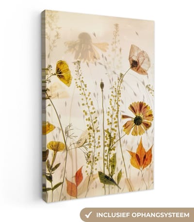 Canvas schilderij bloemen 20x30 - Abstracte planten beige - Kamer decoratie accessoires - Schilderijen woonkamer - Wanddecoratie slaapkamer - Muurdecoratie keuken - Wanddoek interieur binnen - Woondecoratie huis - Woonaccessoires