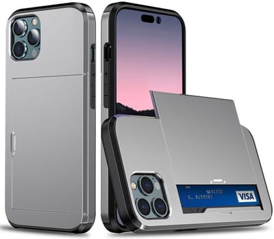 Hoesje met Kaarthouder Slider Geschikt voor Apple iPhone 15 Pro | Back Cover Pasjeshouder Achterkant | Kaarthouder voor Twee Pasjes | Grijs