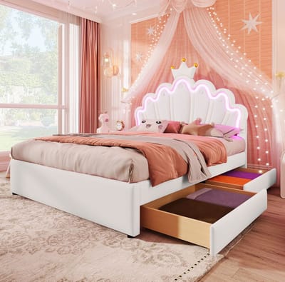 MEUNIQ Gestoffeerd kinderbed 140 x 200 cm met verstelbaar hoofdbord, 2 lades en app-gestuurde LED-verlichting, kroonvorm, wit