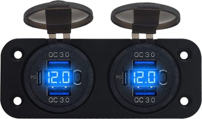 ProRide 12V USB C Stopcontact 6 Poorten met Schakelaar/Voltmeter - Tweevoudig Inbouw - QC3.0 - USB Autolader, Boot en Camper - Blauw