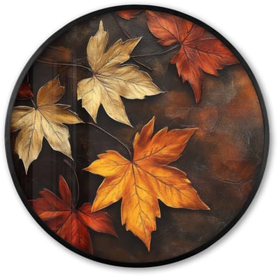 Poster in lijst Rond - Fotolijst 60x60 cm - Posters - Herfstbladeren - Bruin - Oranje bladeren - Herfst rood - Ronde posterlijst zwart - Decoratie - Wanddecoratie woonkamer - Muurdecoratie slaapkamer