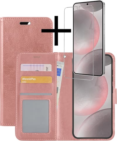 Hoesje - Met Screenprotector - Geschikt voor Samsung Galaxy S24 - Luxe Pasjeshouder - Bookcase Portemonee - Flip Case - Kunstleer Book Case - Flipcase - Book Cover - Walletcase - Portemonneehoes - Rosé goud