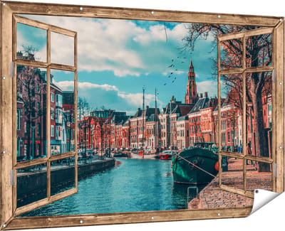 Gards Tuinposter Doorkijk Gracht in Groningen - 180x120 cm - Tuindoek - Tuindecoratie - Wanddecoratie buiten - Tuinschilderij