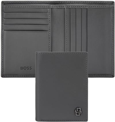 HUGO BOSS Leren kaarthoes Double B Card Case Saffiano Grey grijs