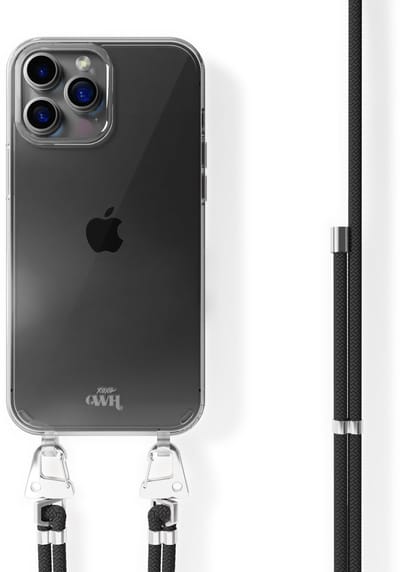 xoxo Wildhearts siliconen hoesje - Geschikt voor iPhone 13 Pro Max - Telefoonhoesje - Hoesje met koord - telefoonkoord - Transparant hoesje - Zwarte koord